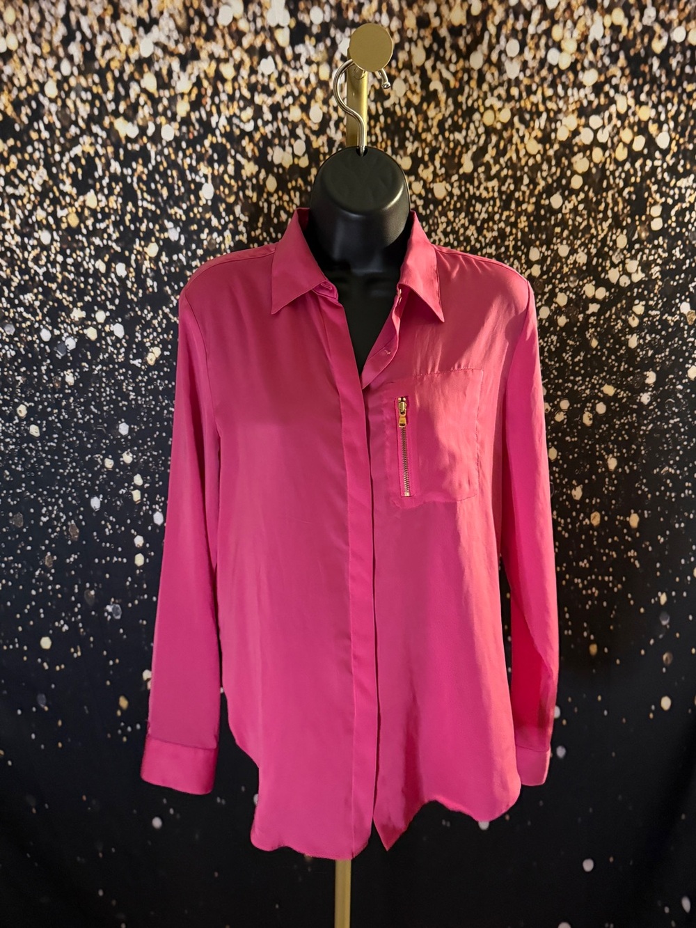 Ralph Lauren Fuchsia Long-Sleeve Button Front Blouse with Zip Pocket